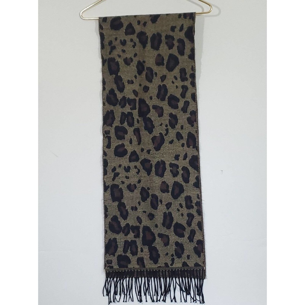 Knit Neckwarmer Leopard Print Fringed Brown Black Beige Knit Scarf 12"x 63"